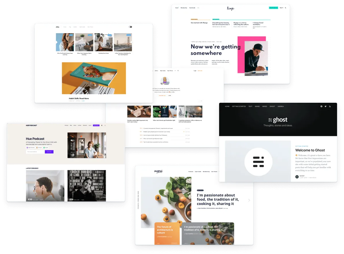 Ghost theme marketplace showing the official directory with free and premium theme options organized in a grid layout