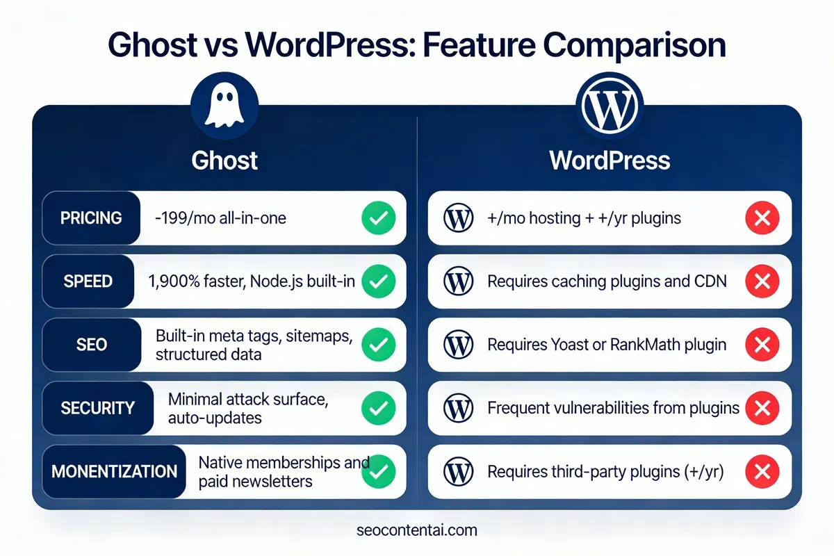 Ghost vs WordPress feature comparison infographic covering pricing speed SEO security and monetization differences