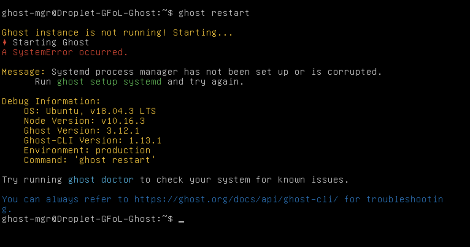 Terminal window showing Ghost CLI update command output with version information and update progress on a remote server