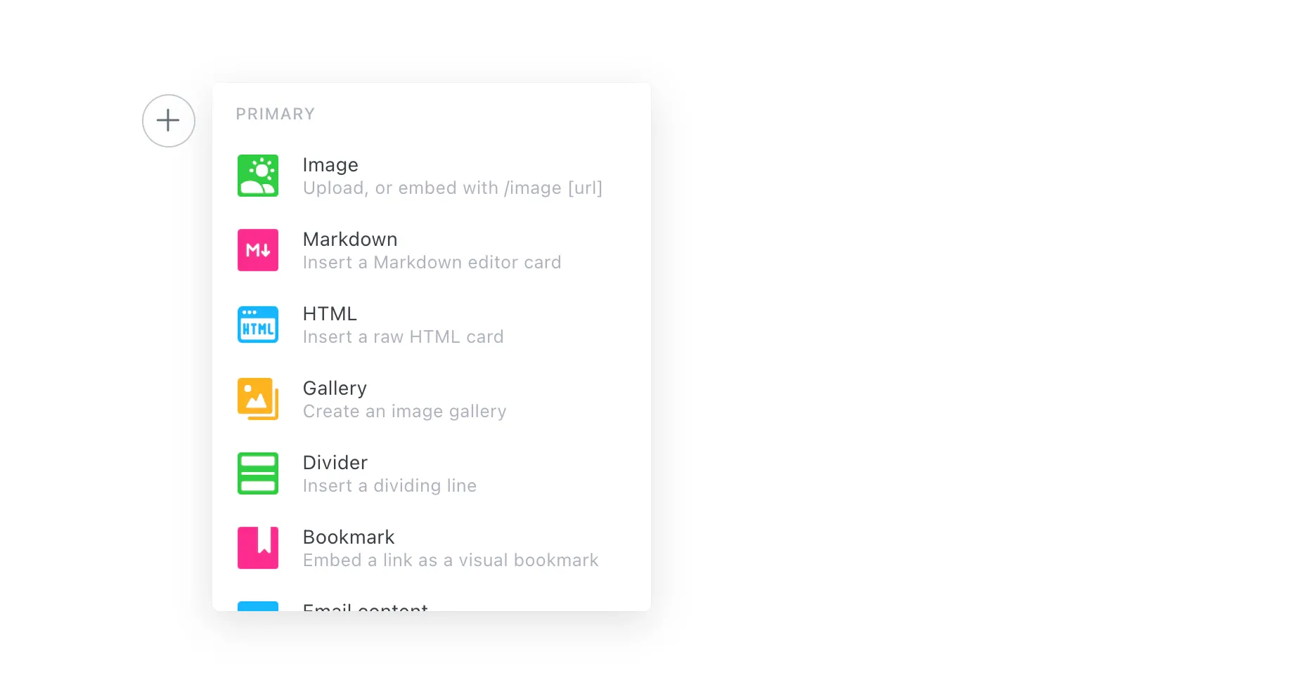 Ghost CMS content editor showing the built-in card system for publishing posts and newsletters
