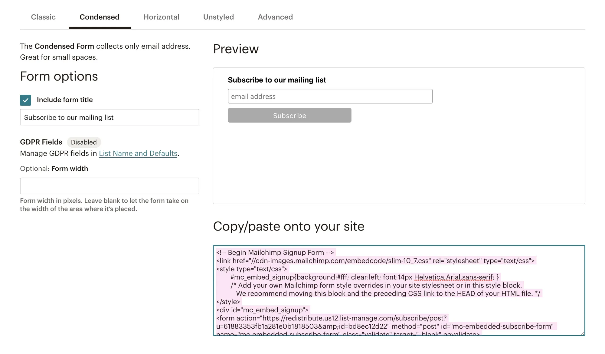 Mailchimp embedded email subscription form displayed inside a Ghost CMS blog post using an HTML card