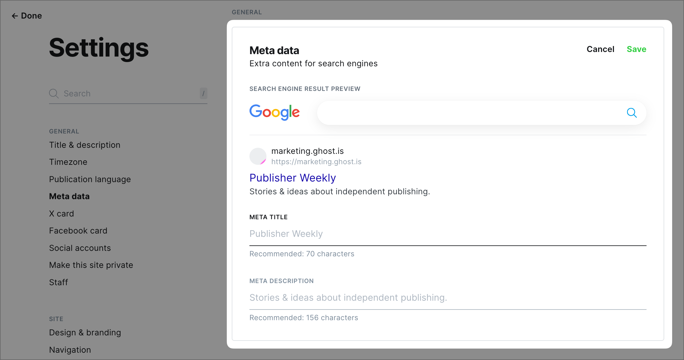 Ghost CMS SEO settings panel showing meta title, meta description, and URL customization fields for on-page optimization