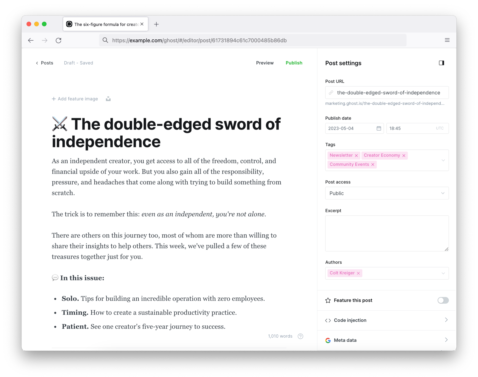 Ghost post settings panel showing metadata, URL slug, publish date, and excerpt options for SEO configuration