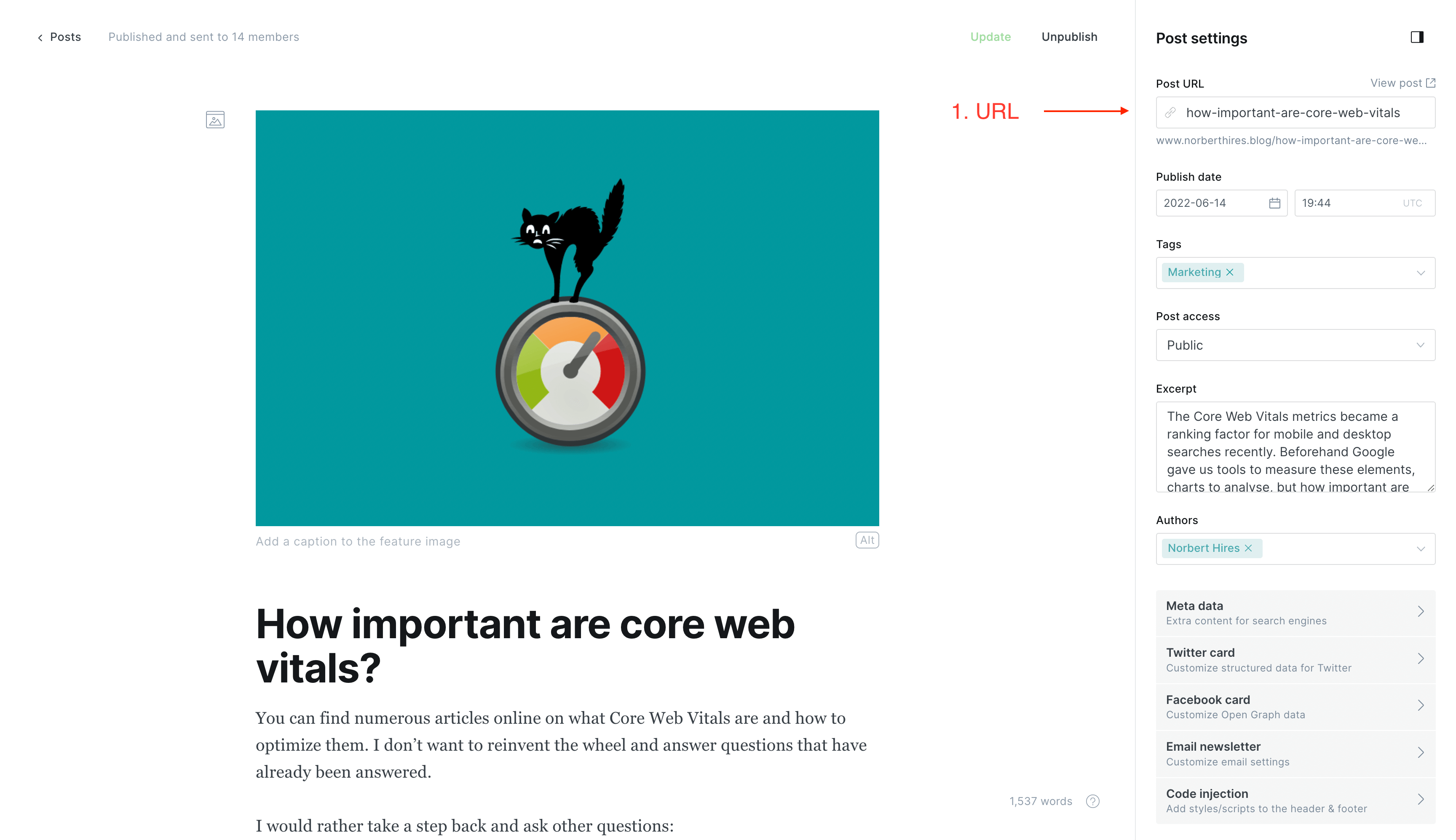 Ghost blog on-page SEO settings showing meta data configuration, social sharing previews, and URL customization options