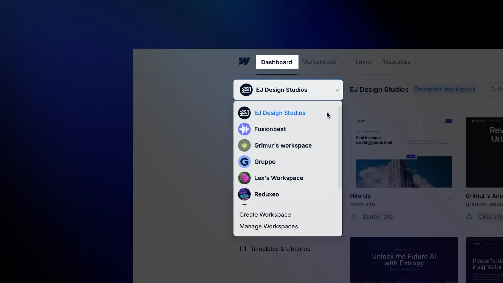 Webflow visual website builder dashboard showing the design canvas with drag-and-drop components and responsive breakpoints