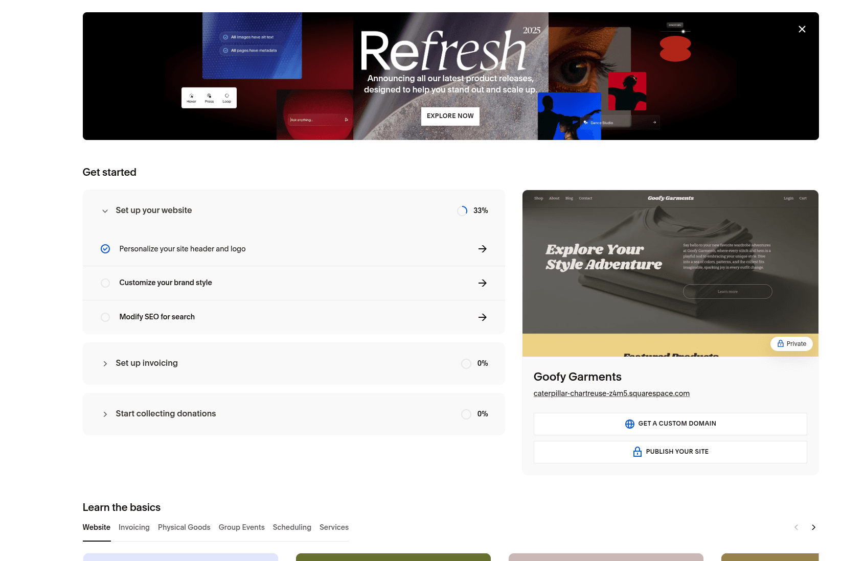 Squarespace website editor interface showing template customization with drag-and-drop sections and style controls