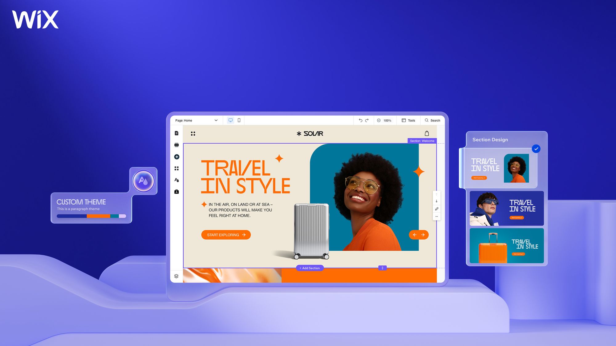 Wix AI-powered website editor showing the drag-and-drop interface with design elements and page customization tools