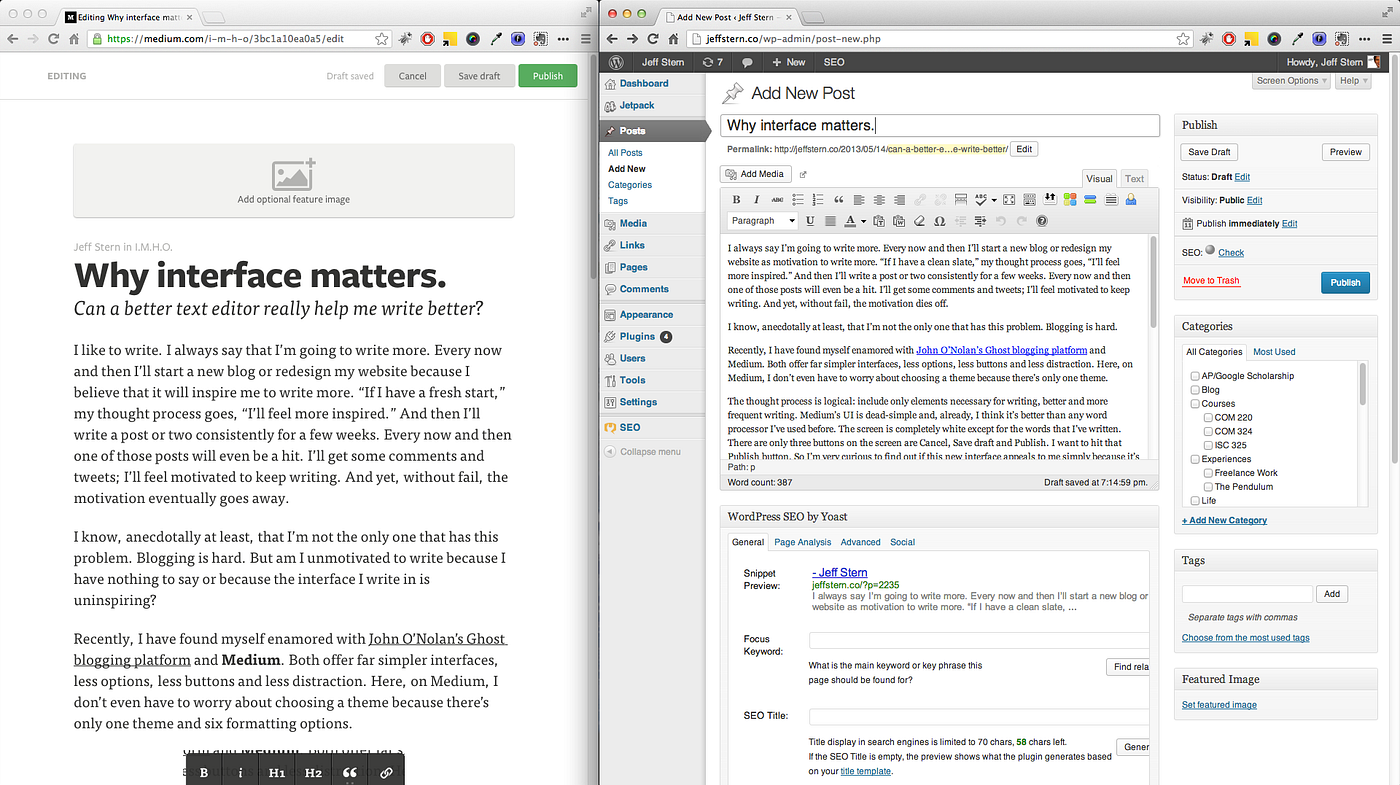 Medium's writing editor interface showing the clean, minimalist post composition view