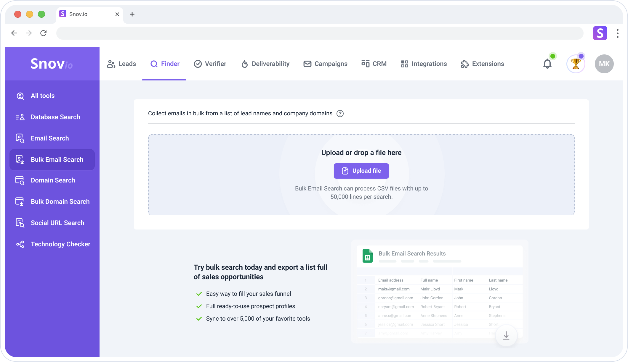 Snov.io bulk email finder dashboard showing email search results with verification status and export options