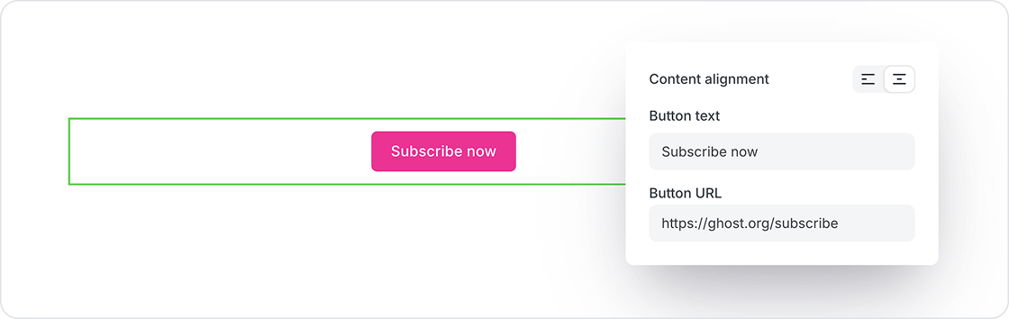 Ghost CMS editor card interface showing the button card option in the editor toolbar