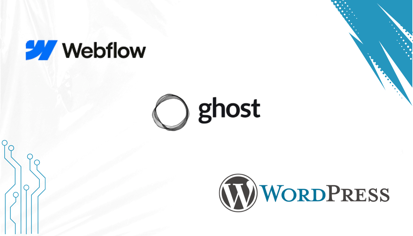 Visual comparison of Webflow CMS versus Ghost CMS versus WordPress showing key differences in approach, pricing, and target audience