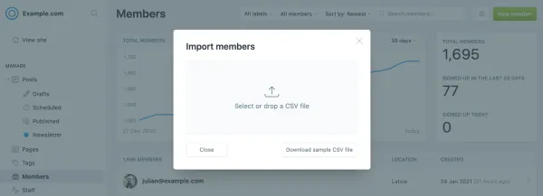 Ghost CMS and Mailchimp integration showing the member import interface